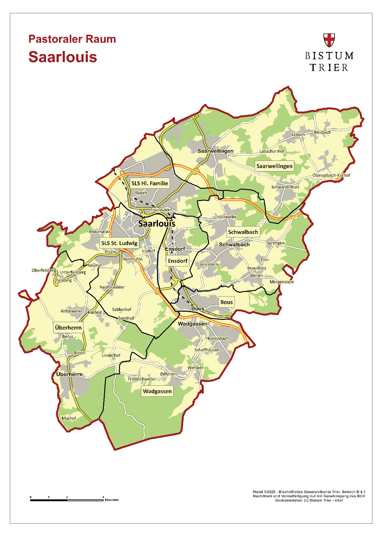 topographische Karte des Pastoralen Raums Saarlouis mit Stand vom 01. Januar 2025